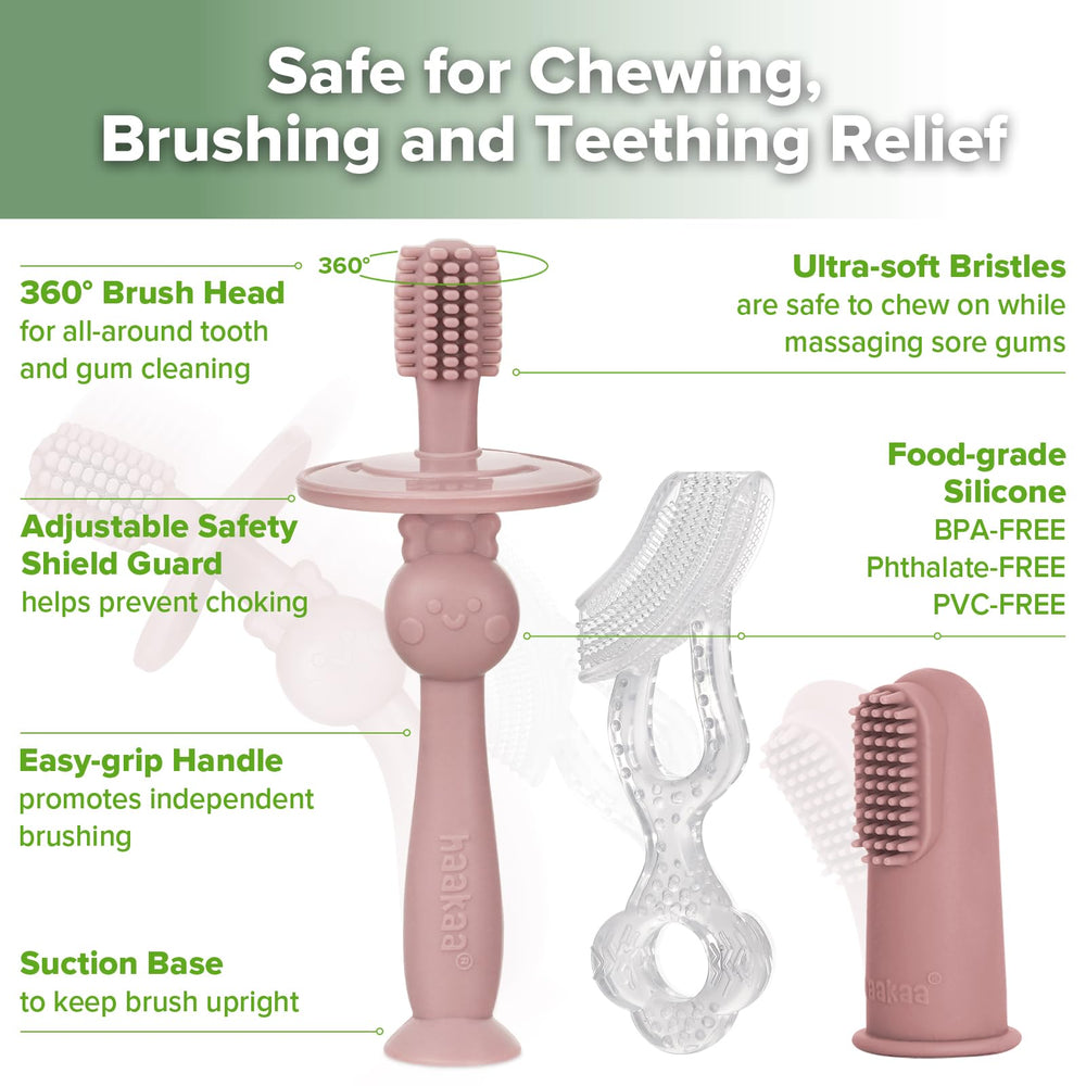 Close-up of soft silicone bristles on baby toothbrush
