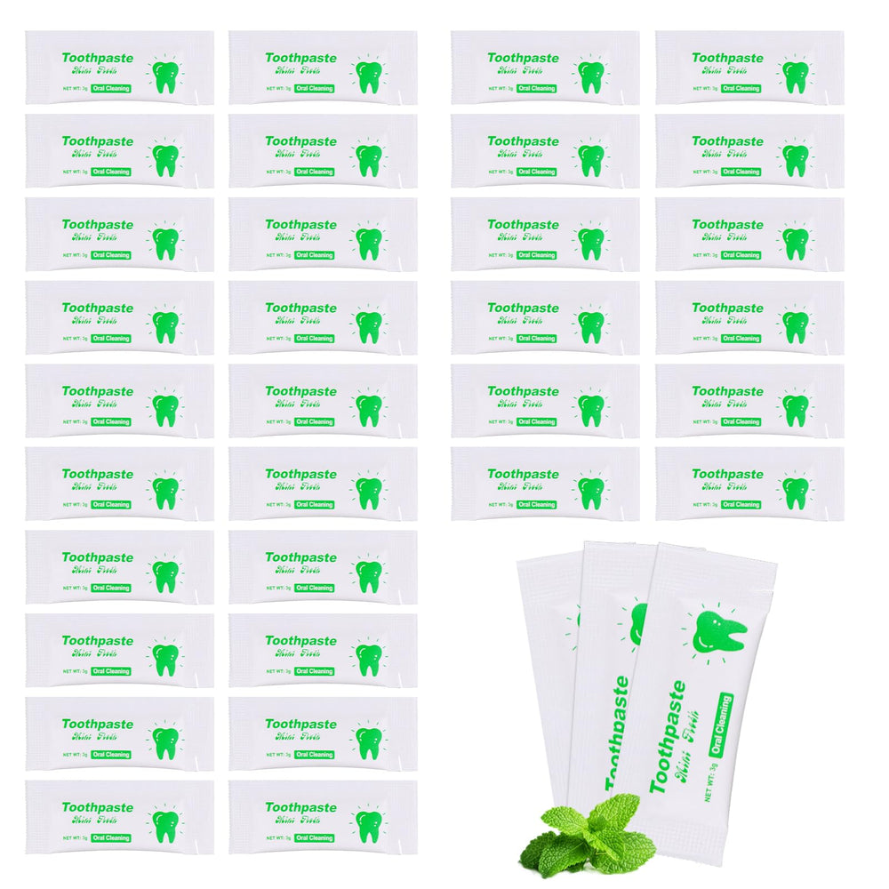 Pack of 100 mini travel toothpaste tubes in a white kraft bag