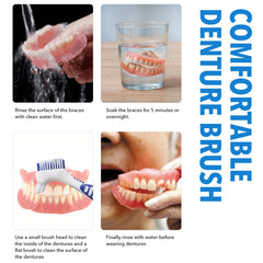 Double-ended denture cleaning brush with curved handle