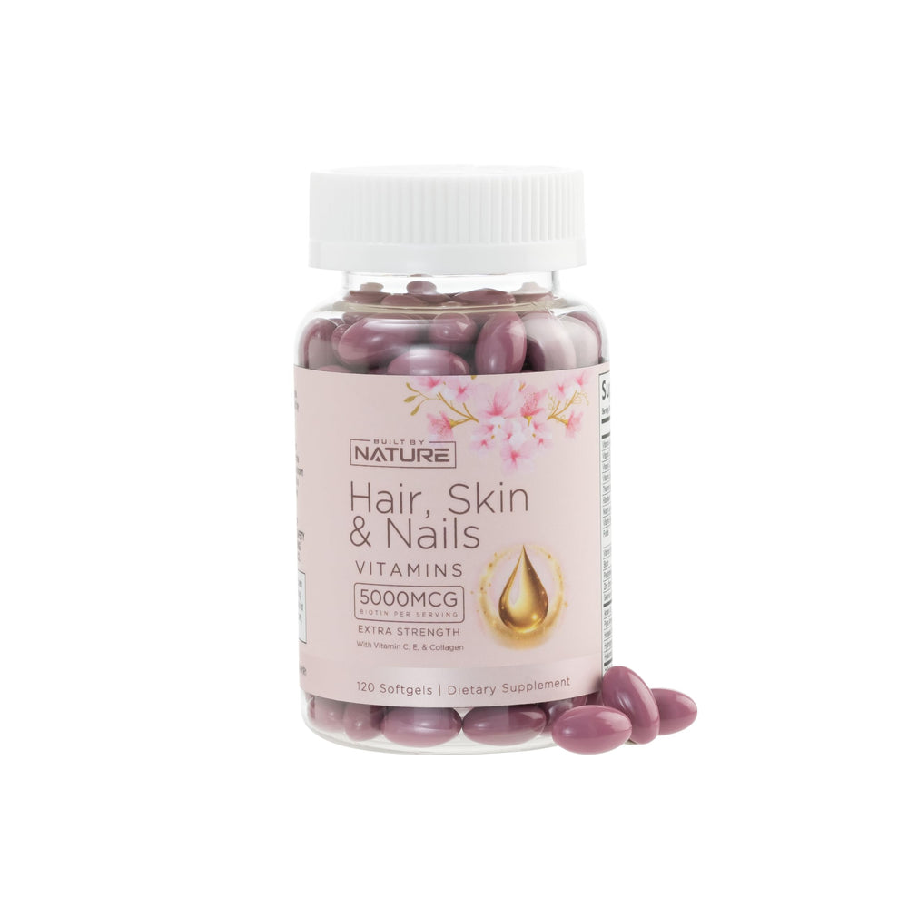 Hair Skin and Nails vitamins bottle showing 5000mcg Biotin