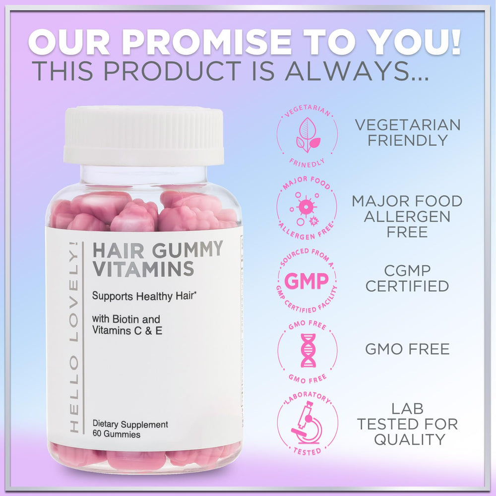 Packaging of vegetarian, non-GMO, gluten-free hair vitamins