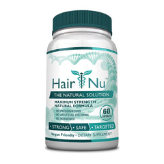 HairNu Natural Hair Growth Solution bottle and label showing 60 capsules