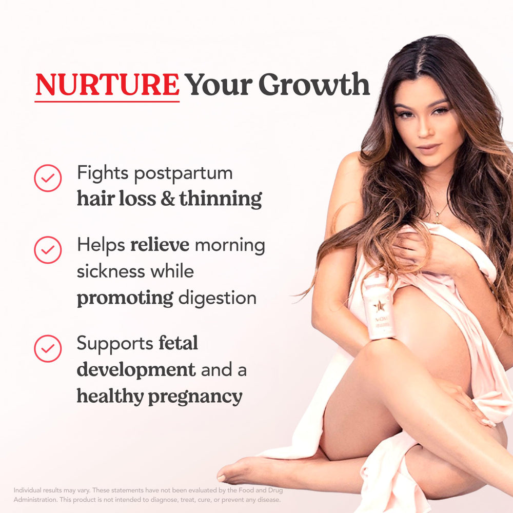 HAIRtamin MOM pack shot featuring vegan prenatal vitamins for hair, skin, and nails.