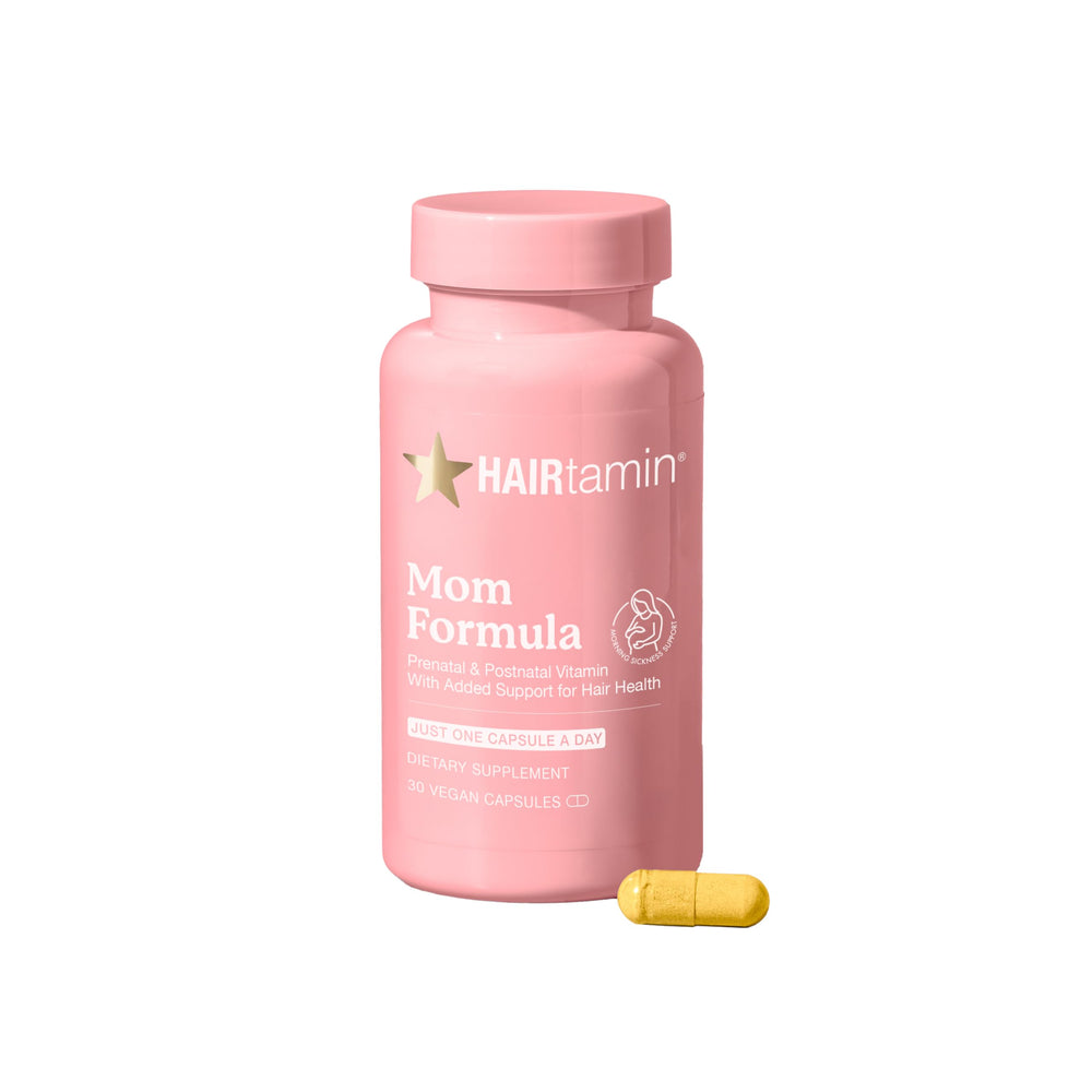 HAIRtamin MOM vegan prenatal and postnatal multivitamin bottle and packaging