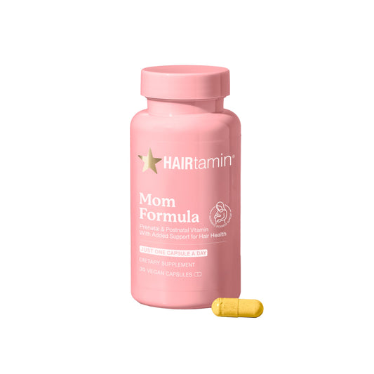 HAIRtamin MOM vegan prenatal and postnatal multivitamin bottle and packaging