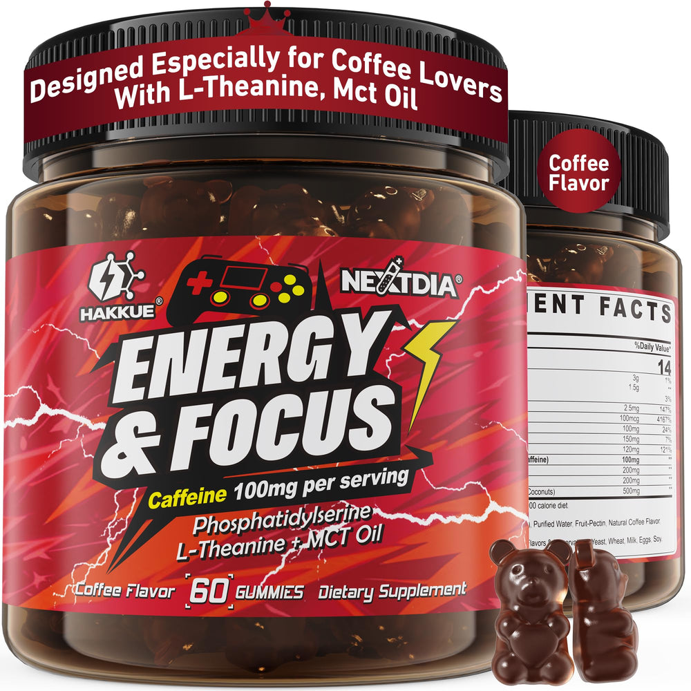 Front of Hakkue Energy Focus Gummies bottle with label