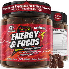 Front of Hakkue Energy Focus Gummies bottle with label