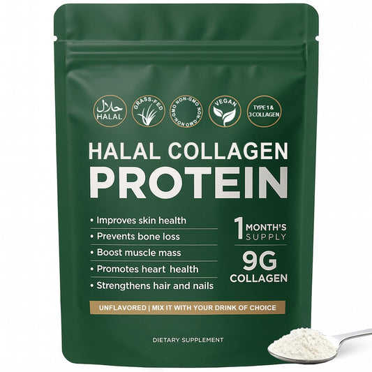 Front view of Halal Collagen Protein Powder packaging – 30 servings