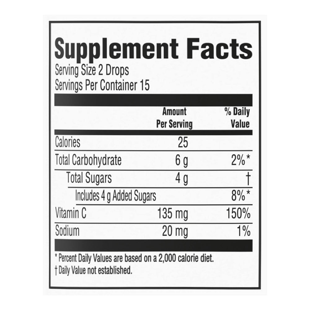 Each two-drop serving provides 135 mg vitamin C (150% DV)