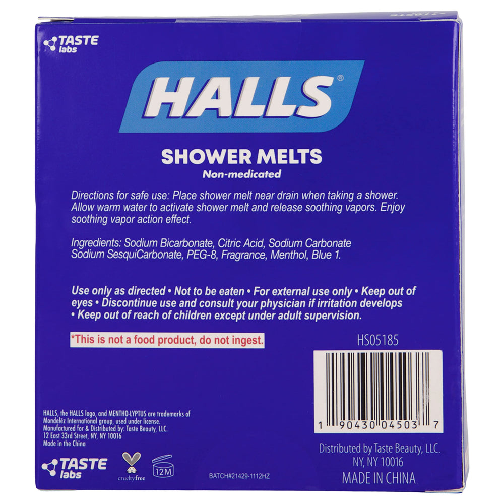 Factory packaging of Halls Soothing Shower Melts 5-pack