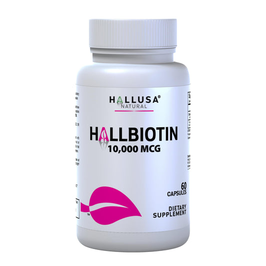 Hallusa Biotin 10,000 mcg capsules bottle - hero image