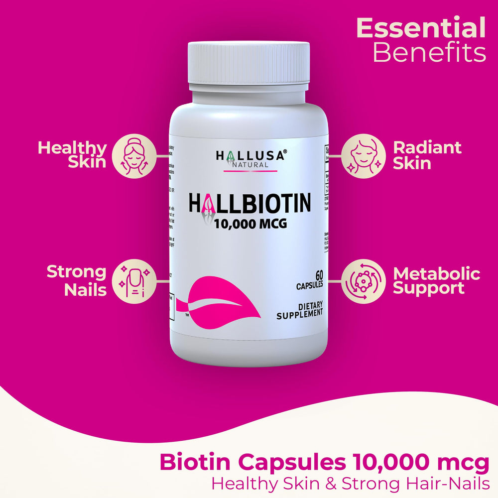 Side view of Hallusa Biotin 10,000 mcg capsules bottle