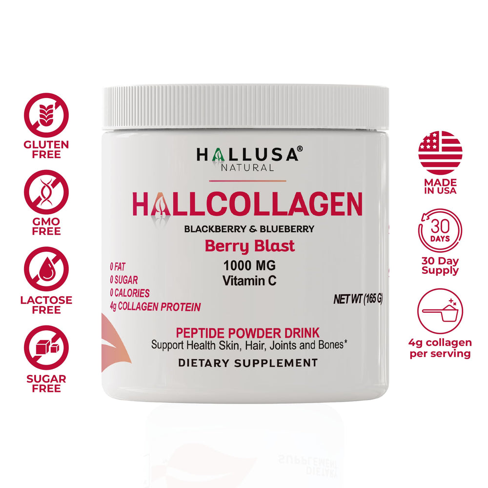 Hallusa collagen powder bottle highlighting 1000mg Vitamin C