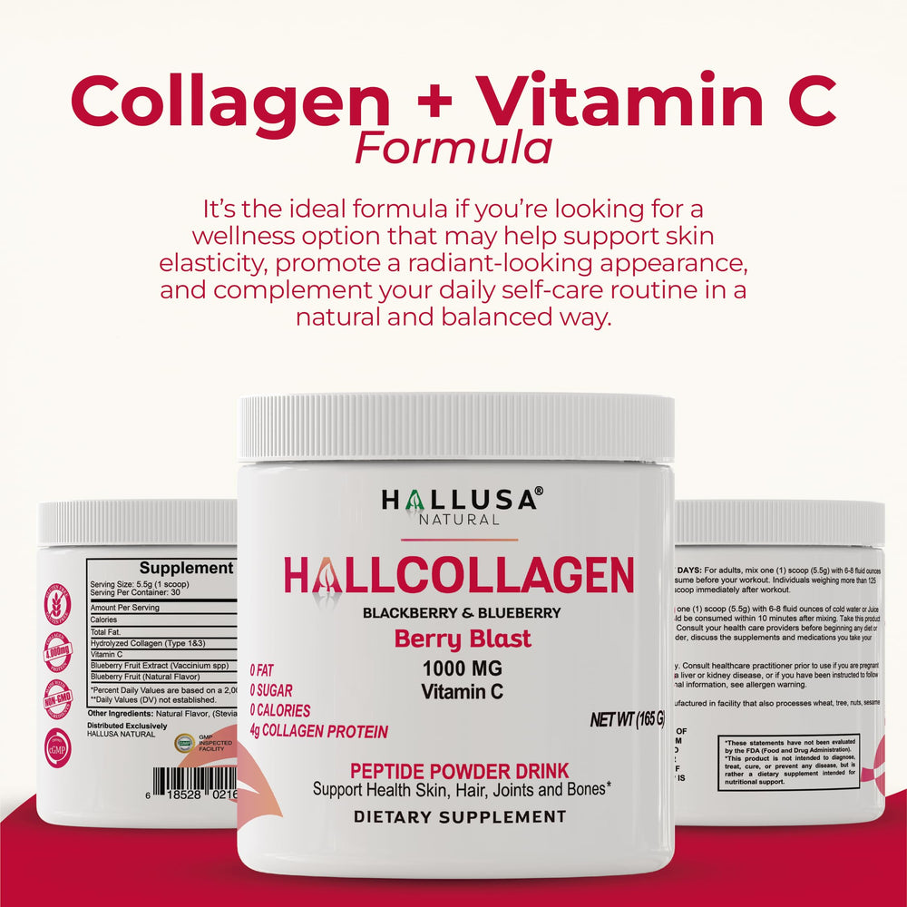 Back view of the Hallusa collagen powder packaging with nutrition panel
