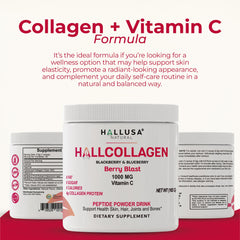 Back view of the Hallusa collagen powder packaging with nutrition panel