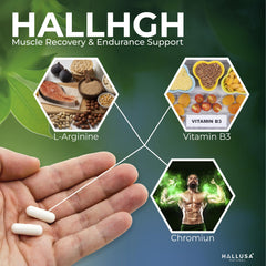 Hallusa logo with HGH Complex packaging