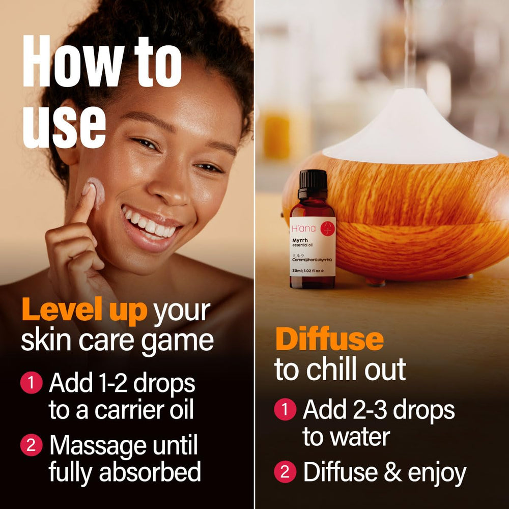 Aromatherapy setup featuring myrrh essential oil