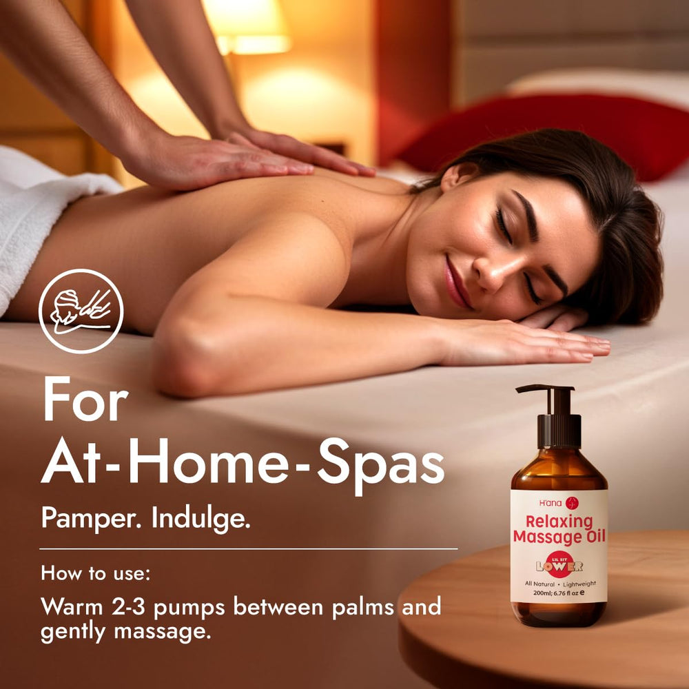 Hands applying H'ana Relaxing Massage Oil during a relaxing massage