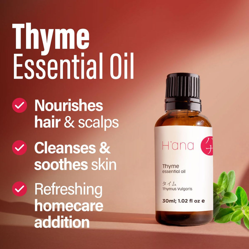 Hair care use: thyme essential oil mixed with carrier oil for scalp