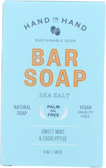 Hand in Hand Sweet Mint & Eucalyptus Sea Salt Bar Soap with minty foam for a refreshing cleanse