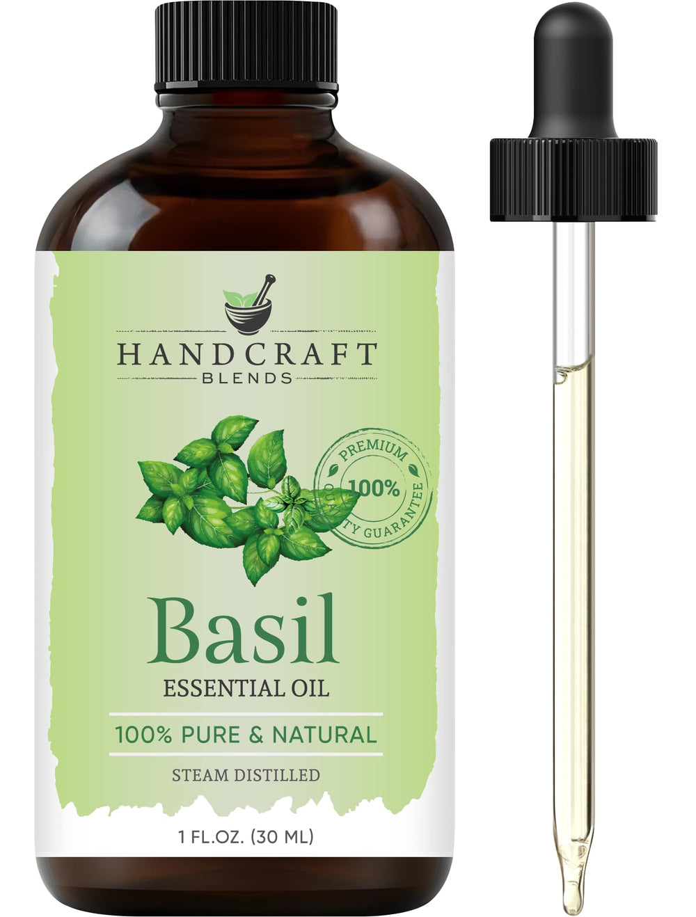 1 fl oz Handcraft Blends Basil Essential Oil in amber glass bottle