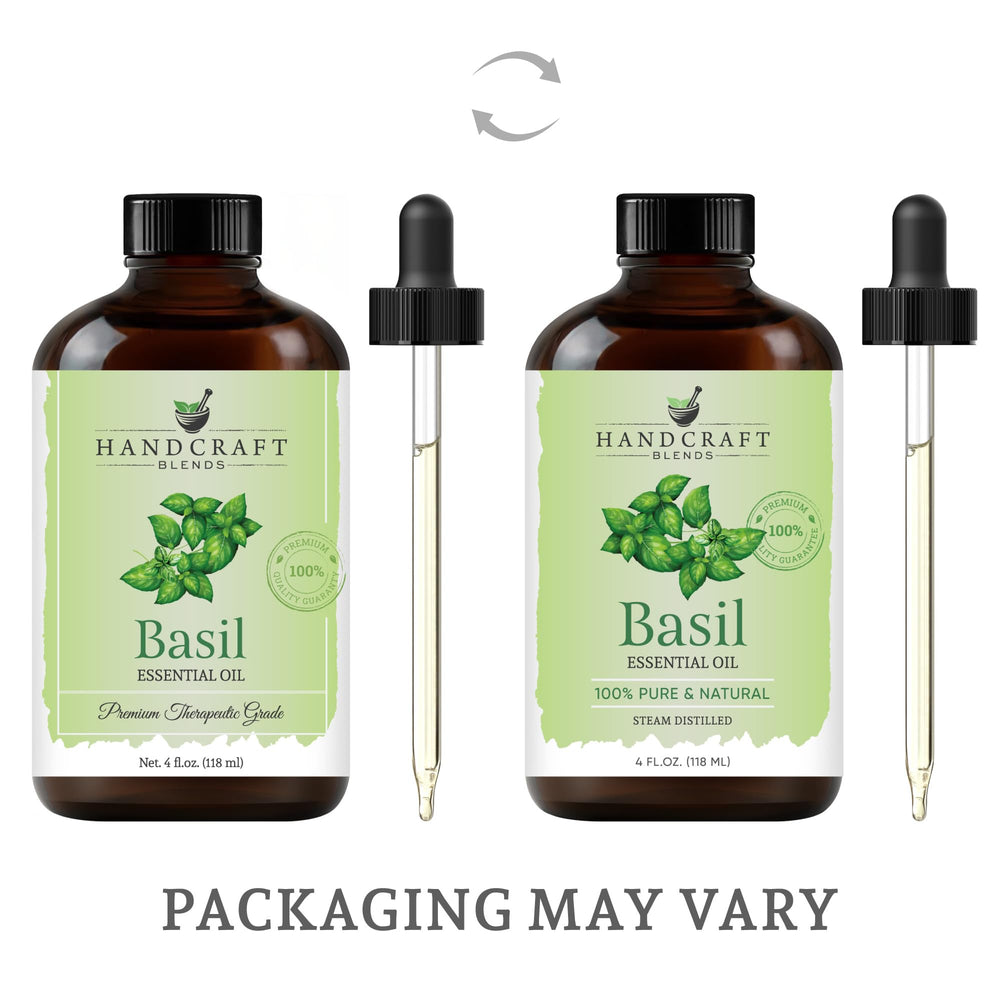 Amber glass bottle of Basil Essential Oil