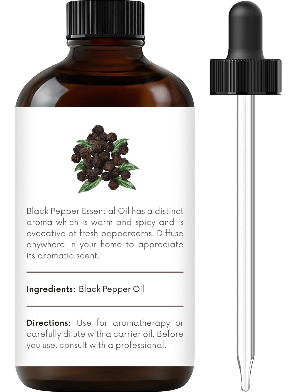 Amber glass bottle of Handcraft Blends Black Pepper Essential Oil with dropper