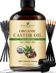 Front view of Handcraft Blends cold-pressed castor oil 4 oz glass bottle