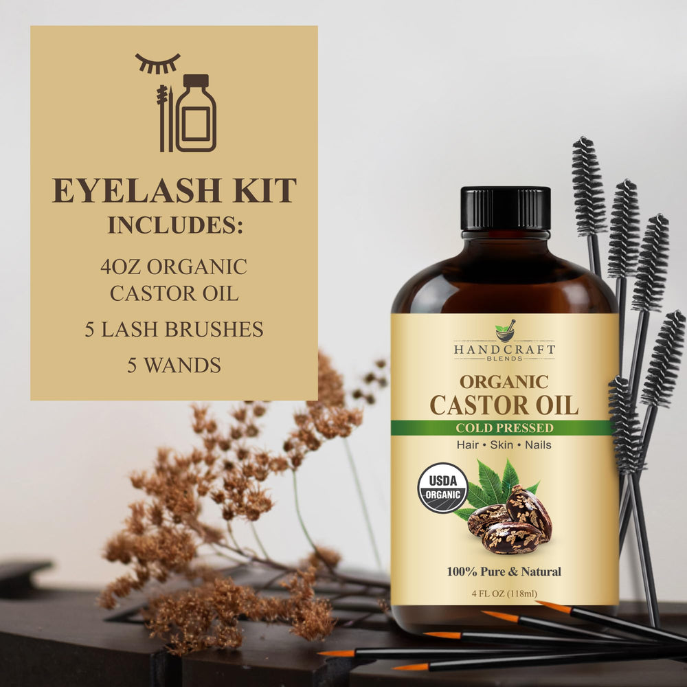Ingredients and organic label on castor oil bottle
