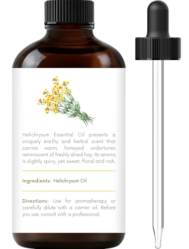 Amber glass bottle of Helichrysum essential oil with dropper