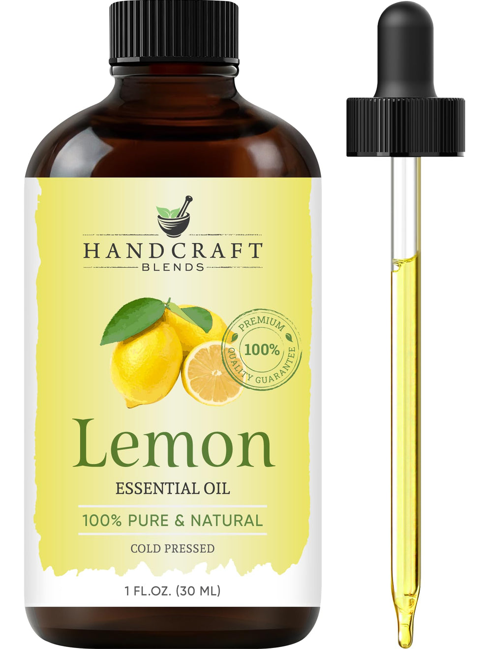 Amber glass bottle of Handcraft Blends Lemon Essential Oil with dropper