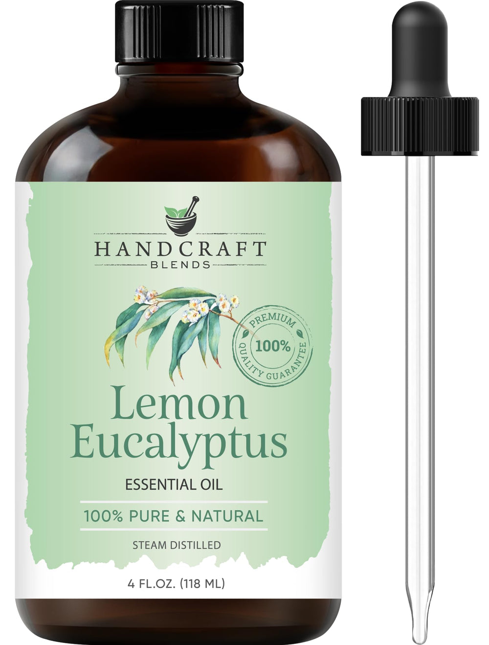 Amber glass bottle of Handcraft Blends Lemon Eucalyptus Essential Oil with dropper