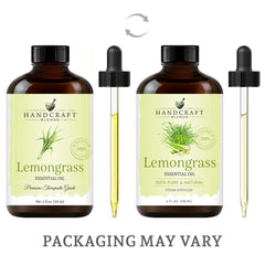 Close-up of Lemongrass Essential Oil label showing quality claim