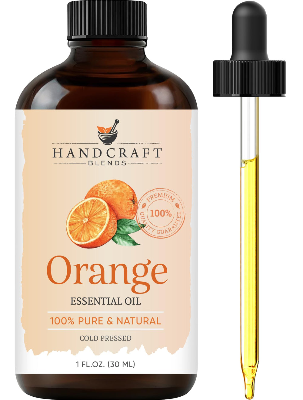 Amber glass bottle of Handcraft Blends Orange Essential Oil with dropper