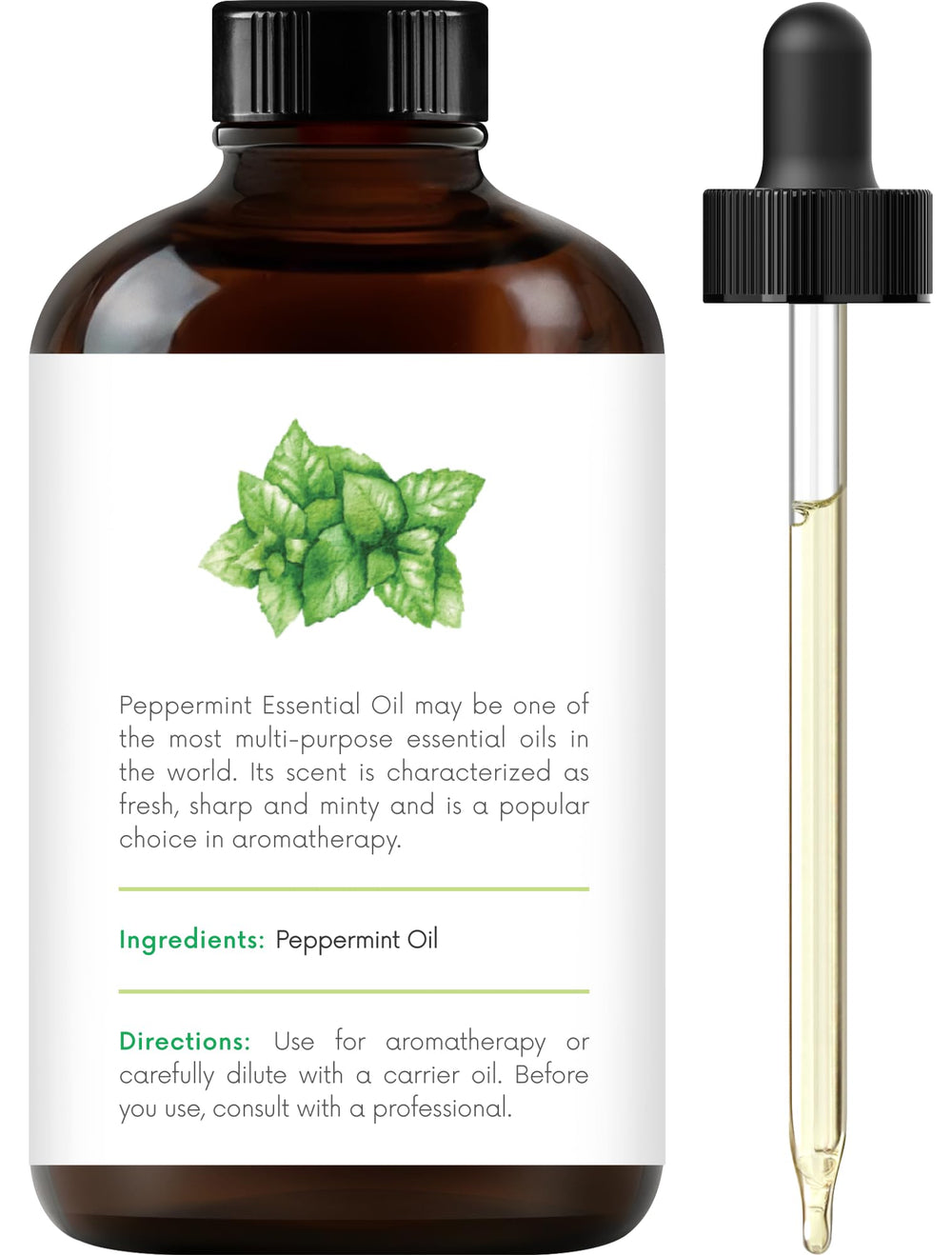 Amber glass bottle labeled 100% pure peppermint oil