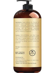Close-up of ingredients including arnica extract, chamomile, lavender, and peppermint oils.