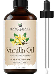 Pure vanilla essential oil blend in amber glass bottle