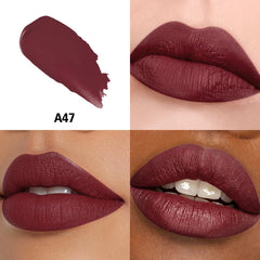 HANLADY Dark Burgundy lipstick wand swatch demonstrates long wear