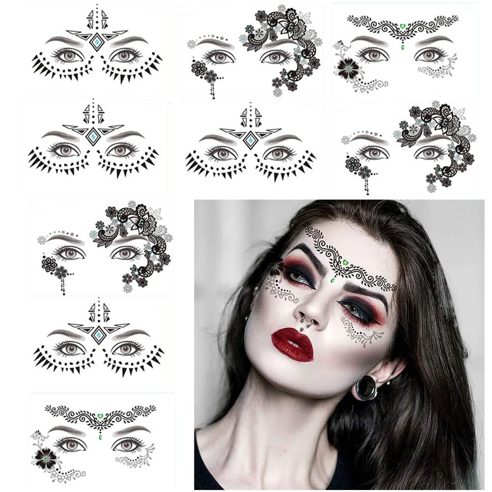 HANSAMU 9-pack face eye tattoo pack showing nine sheets for versatile party looks.