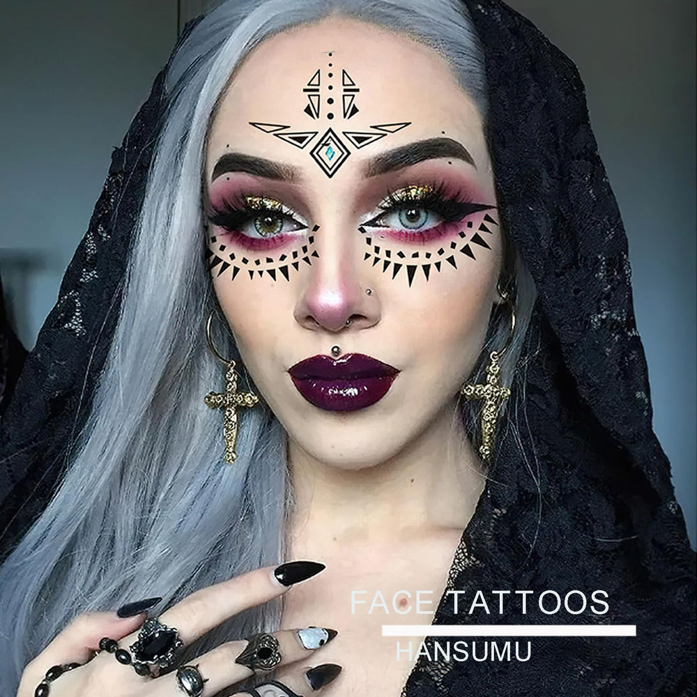 HANSAMU face tattoo on forehead and cheek demonstrates lightweight wearable art.
