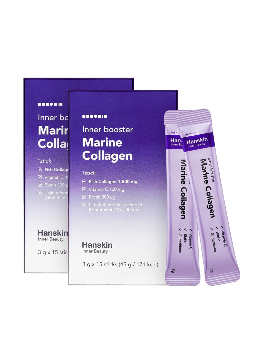 Front view of Hanskin Marine Collagen Powder Packets box with 30 sticks