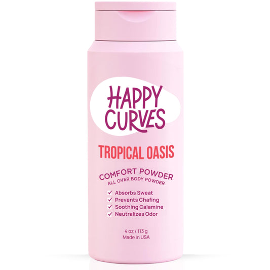 Happy Curves Comfort Powder bottle closed demonstrates easy-dispense packaging for talc-free freshness.