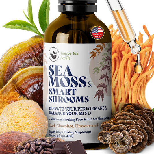 HAPPY FOX Sea Moss Drops bottle with sea moss imagery