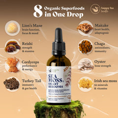 Close-up of HAPPY FOX Sea Moss Drops bottle label