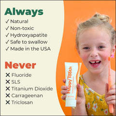 Dentist-formulated Happy Tooth toothpaste on a clean label