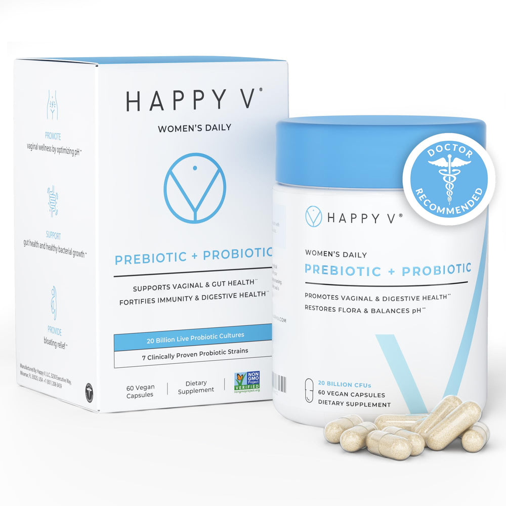 Happy V Dr. Formulated Vaginal Probiotics bottle showing daily wellness support