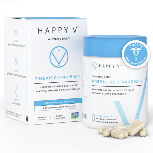 Happy V probiotic bottle for women's vaginal health