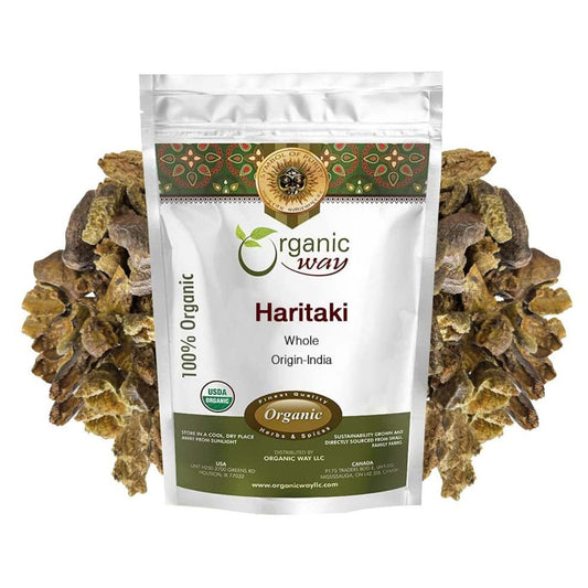 Organic Way Haritaki Whole 8 oz resealable pouch from India