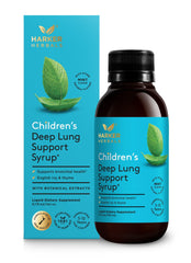 Front view of Harker Herbals Children's Deep Lung Support Syrup bottle on display