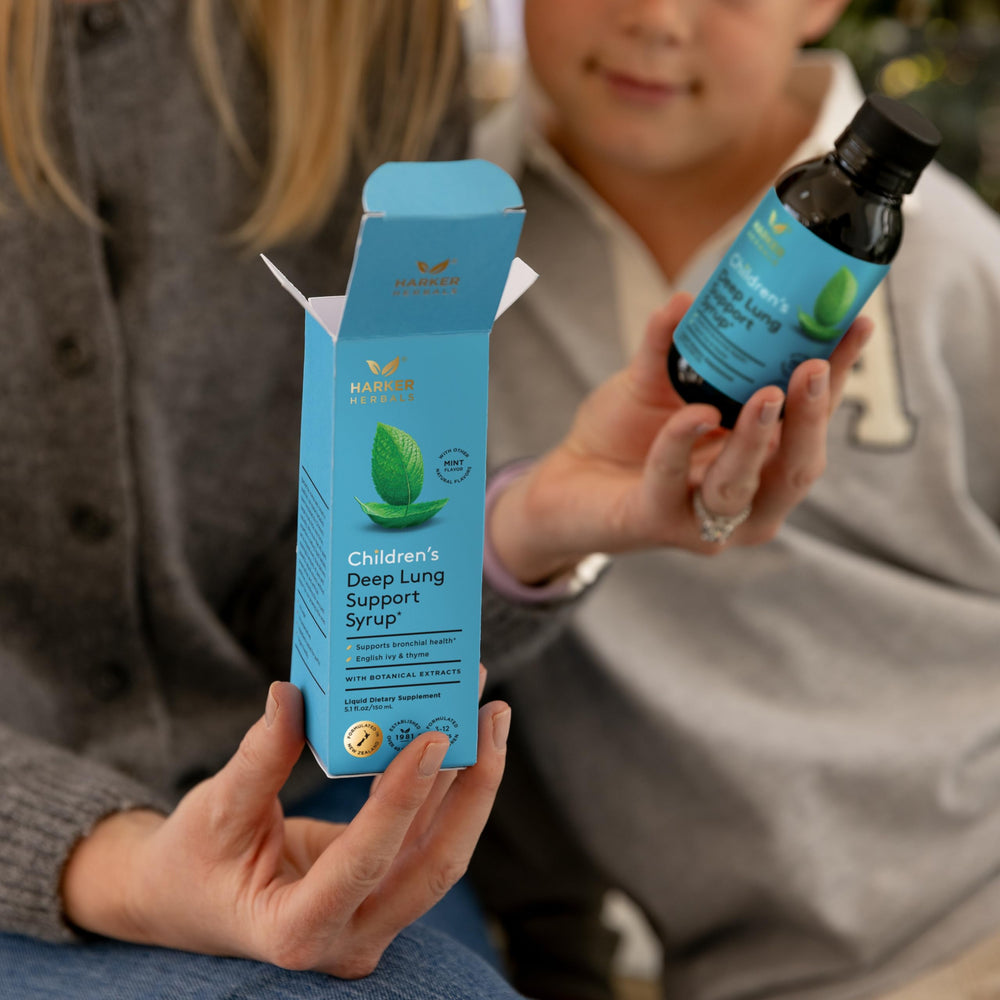 Close up of bottle label highlighting plant-based respiratory support